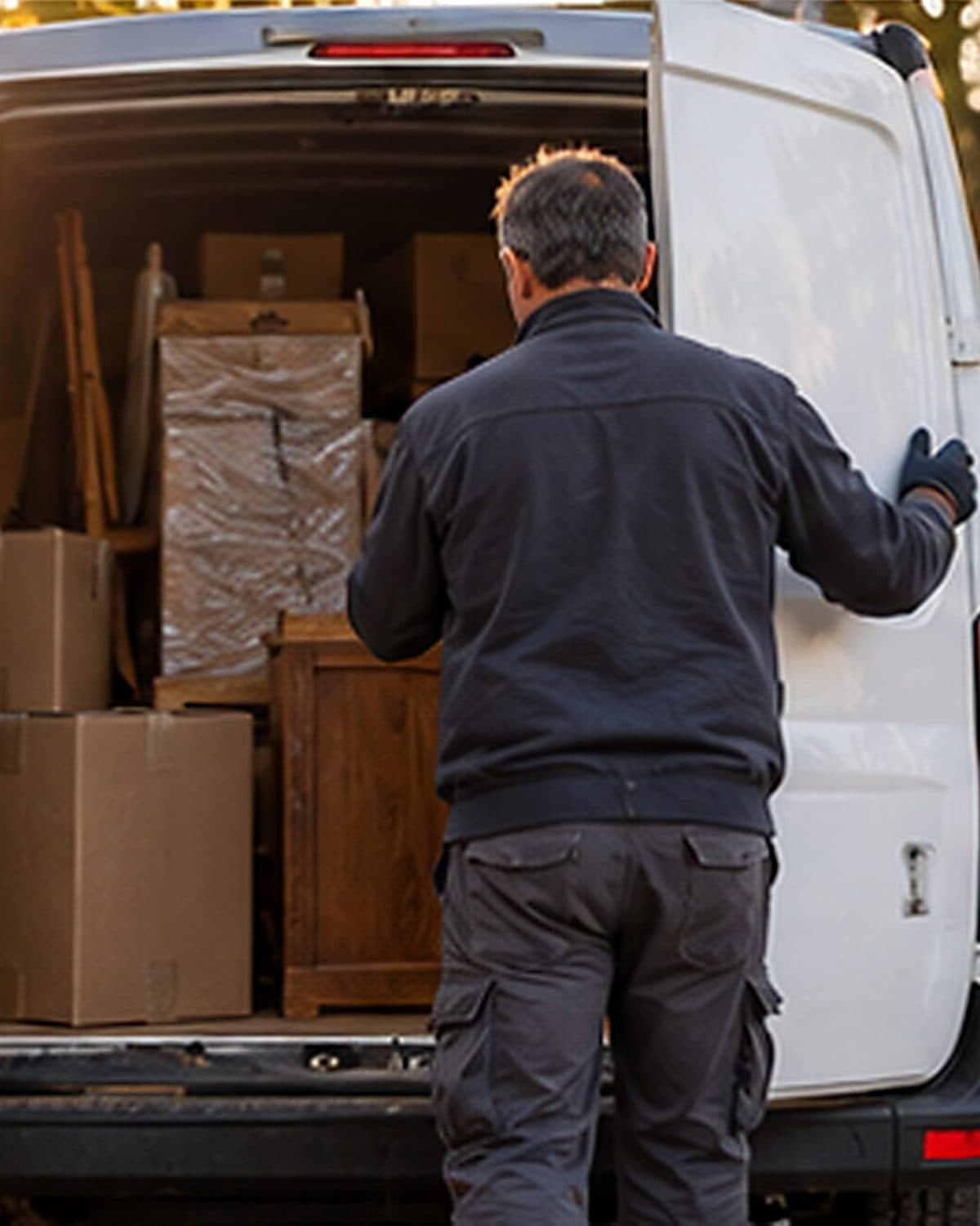 Fourgon chargé de cartons et de meubles, prêt à partir