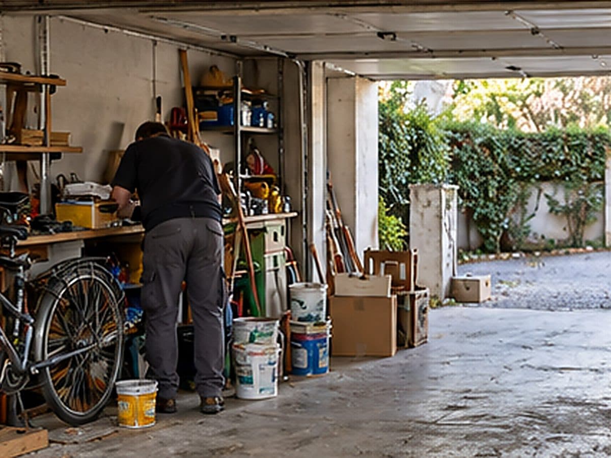 Garage encombré en cours de tri et de vidage