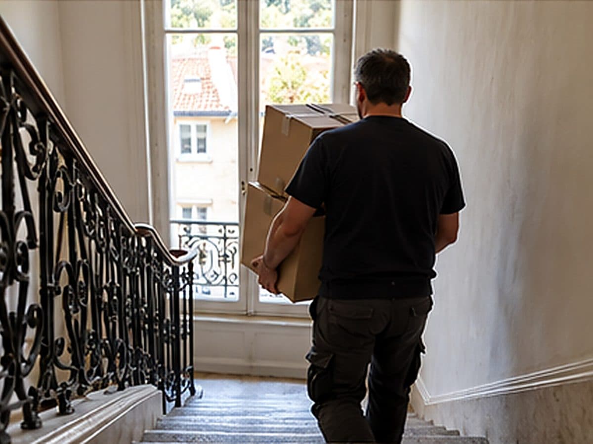 Cartons descendus dans l'escalier d'un immeuble ancien