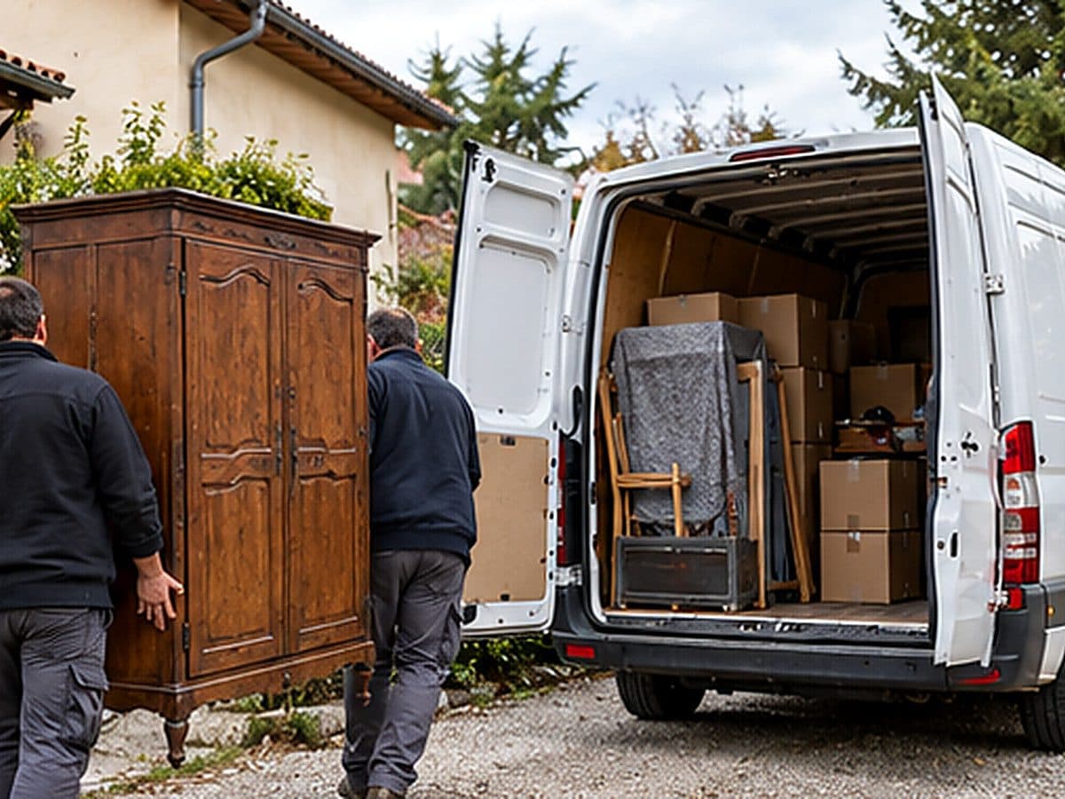 Deux déménageurs sortent une armoire ancienne vers un fourgon blanc