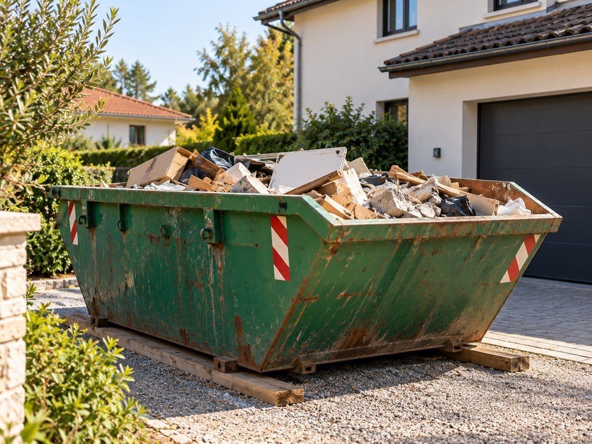 Benne posée sur des bastaings dans l'allée d'une maison, remplie de cartons et de gravats