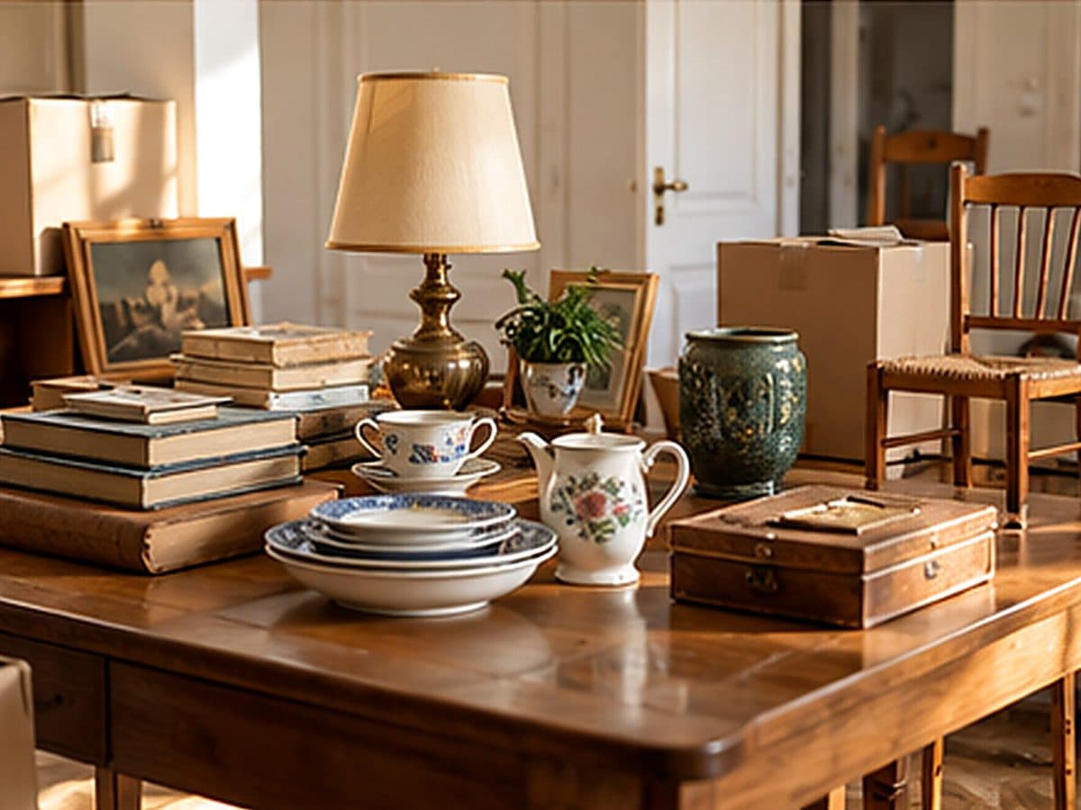 Vaisselle, lampe et objets anciens triés sur une table